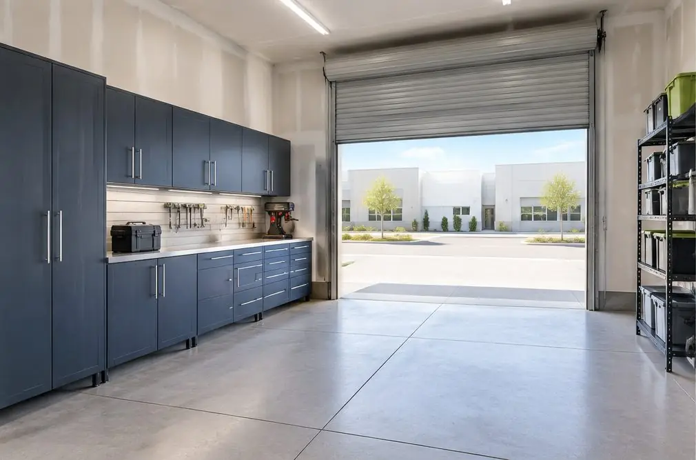 Illustration: a small shop garage in Menifee, CA with a run of heavy-gauge steel cabinets, a steel-topped bench, labeled bins and a roll-up door half open on a commercial street