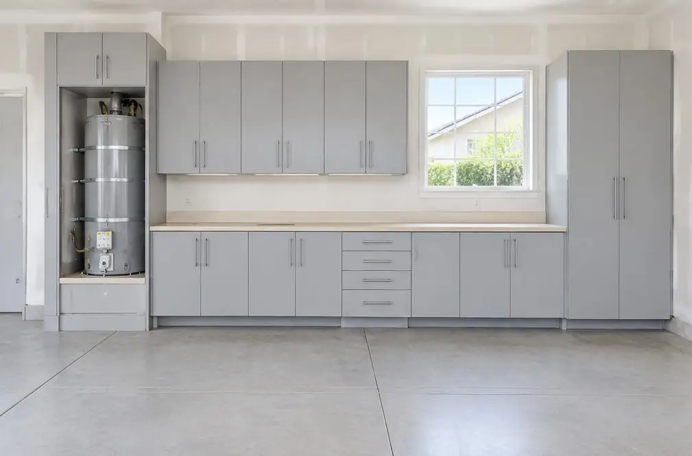 Illustration: custom light gray garage cabinets in a Menifee, CA garage fitted around a water heater alcove and a side window, a full-height unit at the end of the run and a stone-colored top