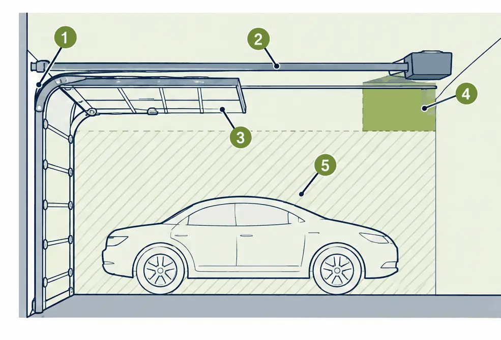 Diagram: side view of a garage with the sectional door raised on its tracks, the opener rail, a shaded zone at the back where a rack can hang and a hatched zone over the door path and the parked car