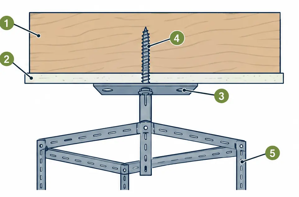 Diagram: cross-section of an overhead rack bracket fixed with a lag screw through the drywall into a ceiling joist
