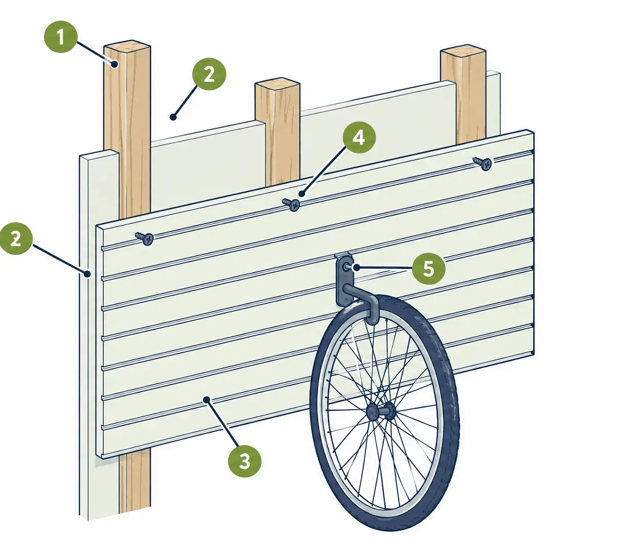Diagram: slatwall panels screwed through the drywall into wall studs, with a hook in a groove holding a bicycle wheel