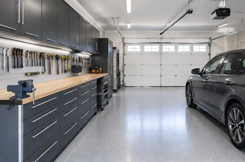 Illustration: a single-bay auto service shop in Menifee, CA with a run of modular dark gray drawer cabinets, a workbench with a vise, an empty floor lane by a parked car and a wall rail with hand tools