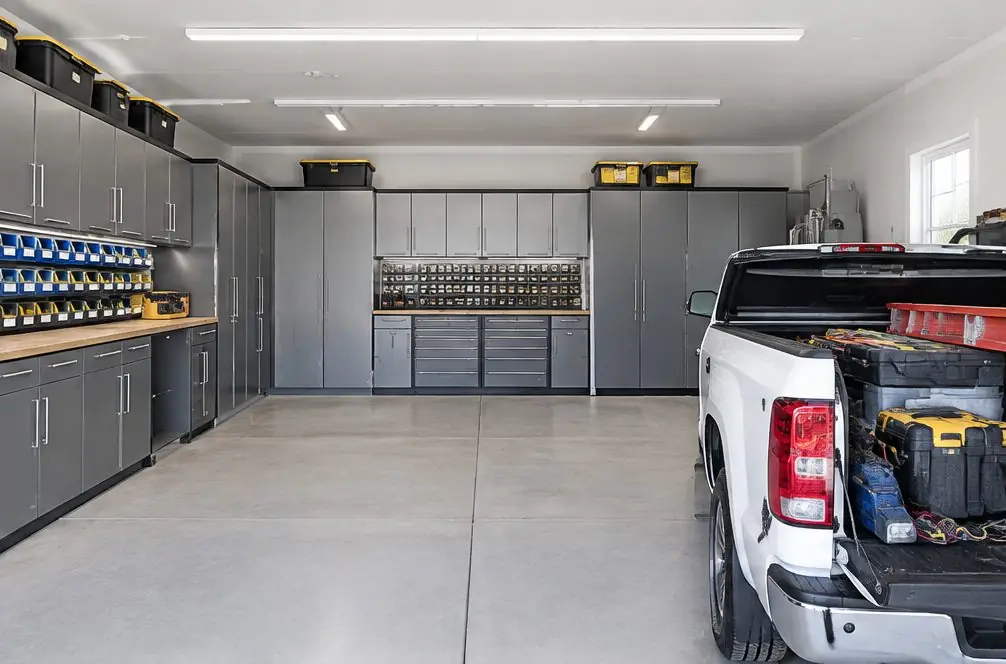 Illustration: a contractor's garage in Menifee, CA with heavy-gauge gray steel cabinets along two walls, labeled bins of fasteners, a pickup truck bed with tools and a clear central lane