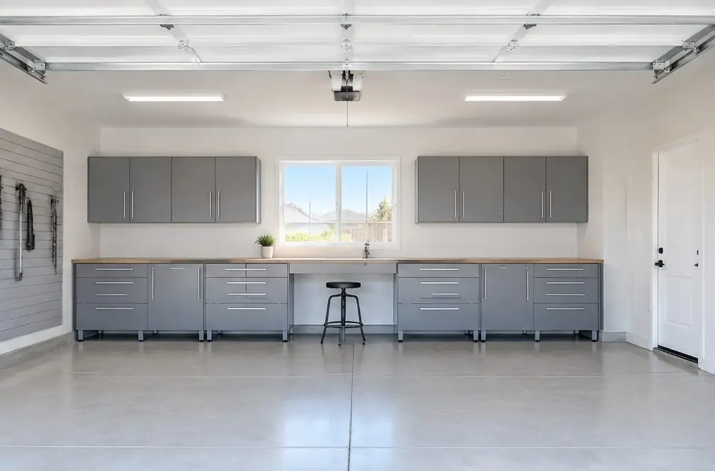 Illustration: a two-car garage in Menifee, CA with low gray steel base cabinets with pull-out trays, a few wall cabinets hung at a modest height, a standing-height bench with a stool under it and a clear floor
