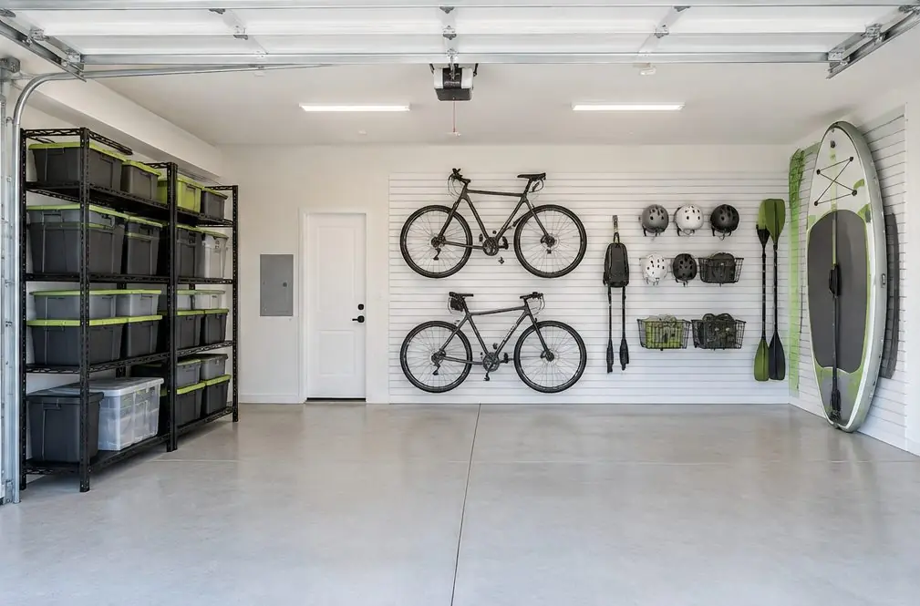 Illustration: a two-car garage in Menifee, CA with two black steel racks holding labeled bins near the door track and a white slatwall wall with bikes, helmets, a paddle board and baskets