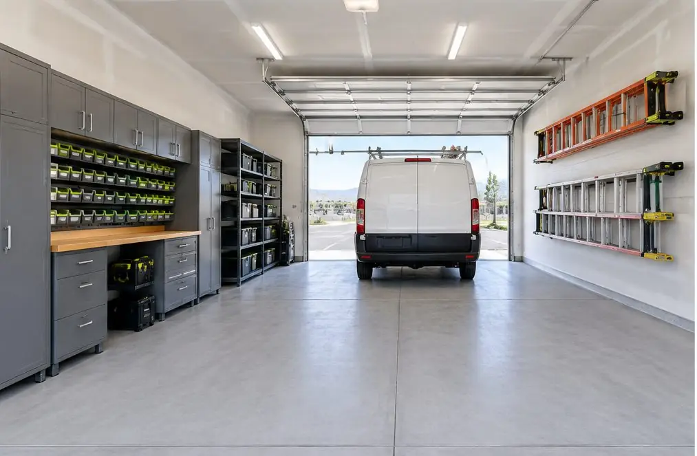 Illustration: a contractor garage in Menifee, CA with steel cabinets and shelving, a wall of labeled tool bins, a work van backed up to the roll-up door and ladders on brackets