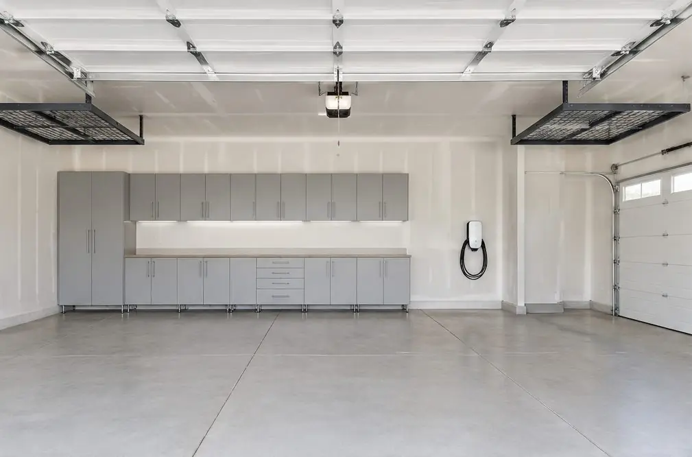Illustration: a Menifee, CA garage with a run of light gray steel base and wall cabinets on the back wall, a clear strip beside a wall-mounted EV charger and an empty third bay behind its own door