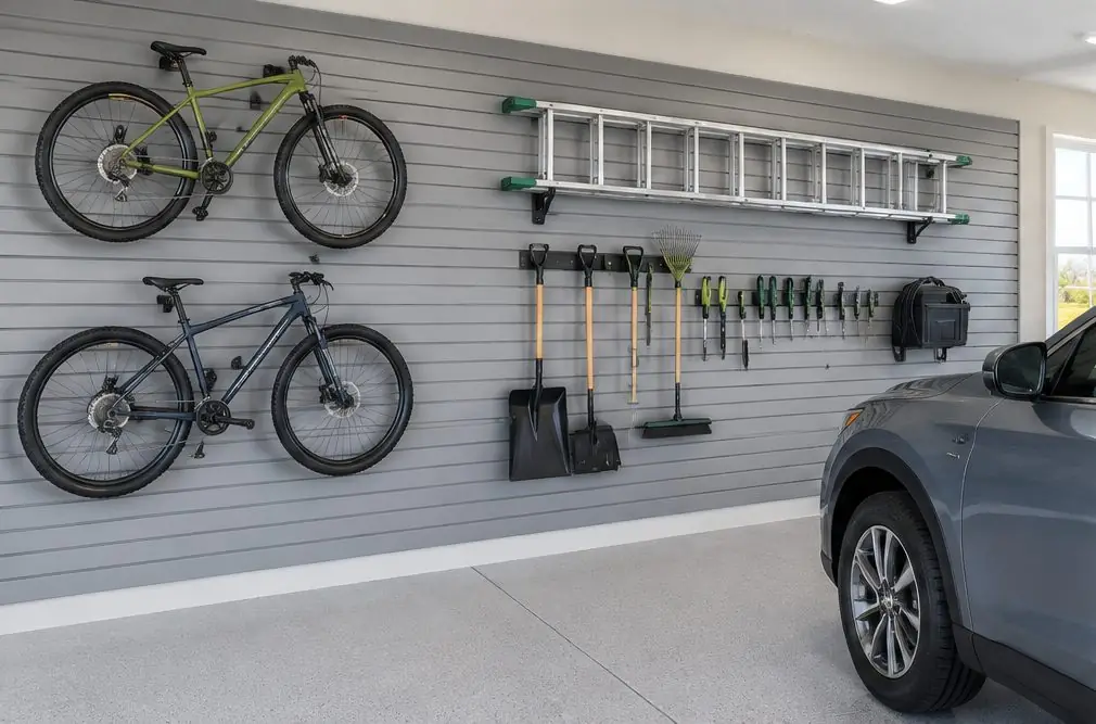 Illustration: a Menifee, CA garage side wall covered with gray PVC slatwall, two bikes on hooks, a ladder on brackets and a row of hand tools on rails, a parked car at the edge of the frame