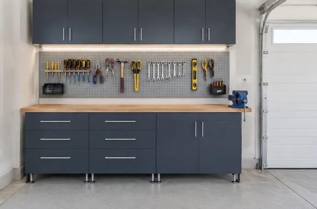 Illustration: a garage workbench with a butcher-block top and drawers beneath in a Menifee, CA garage, a pegboard of hand tools above, an LED strip under a wall cabinet and a vise at one corner