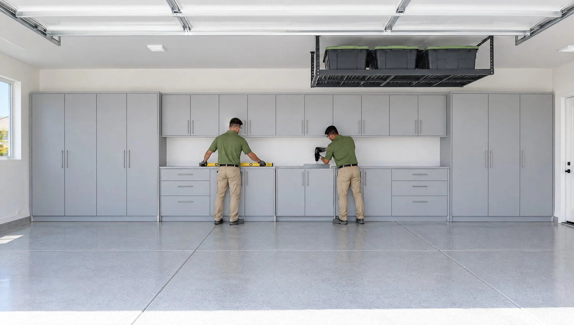 Illustration: two cabinet installers in matching uniforms fastening a steel base cabinet run along the back wall of a new three-car garage in Menifee, CA, one leveling a cabinet and the other driving a screw, no brands (AI-generated)