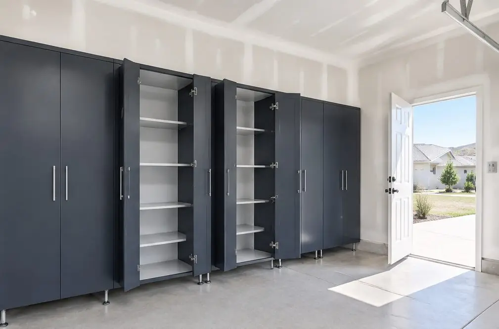 Illustration: a row of powder-coated steel garage cabinets in a Menifee, CA garage, two doors open on adjustable shelves, leveling feet on a clean slab and a sunlit door opening beside them