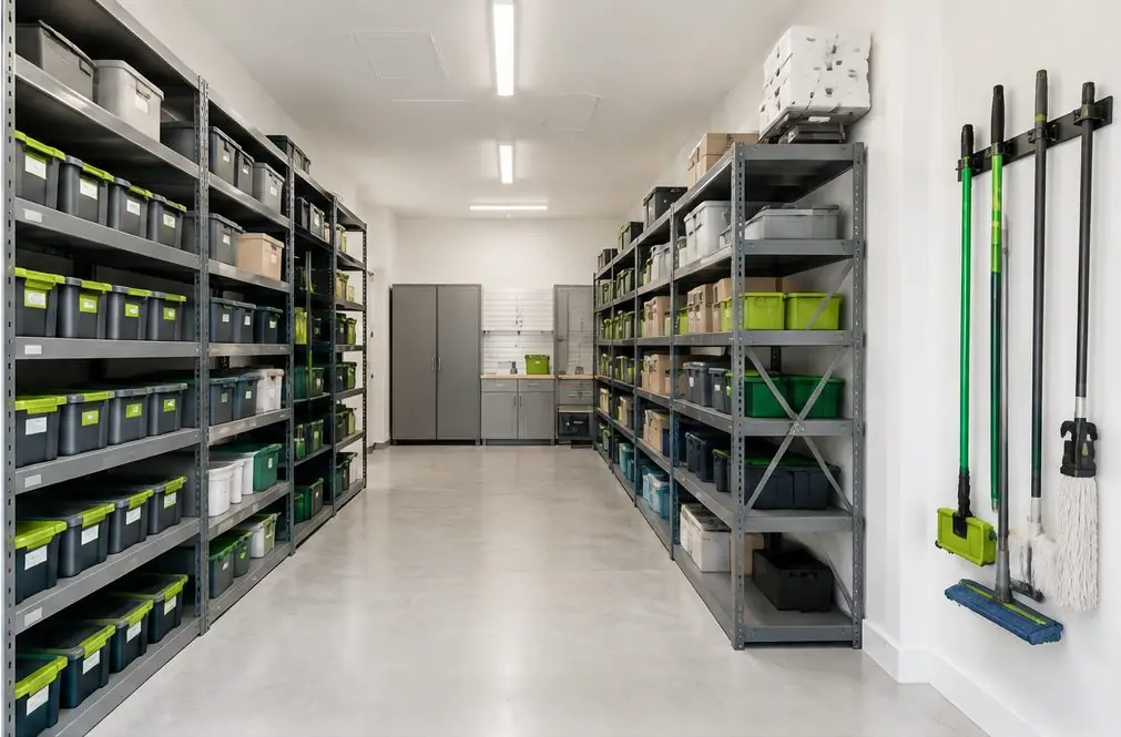 Illustration: a maintenance room in Menifee, CA with steel shelving and a few lockable cabinets, labeled bins in rows, a mop rack on the side wall and a clear aisle down the middle